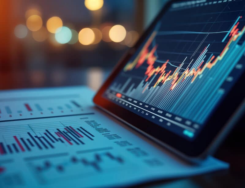 Graphiques financiers sur tablette et papier, illustrant l’impact de la loi de finances 2025 sur les entreprises.
