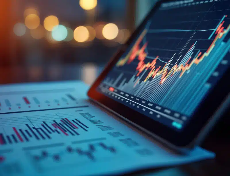 Graphiques financiers sur tablette et papier, illustrant l’impact de la loi de finances 2025 sur les entreprises.