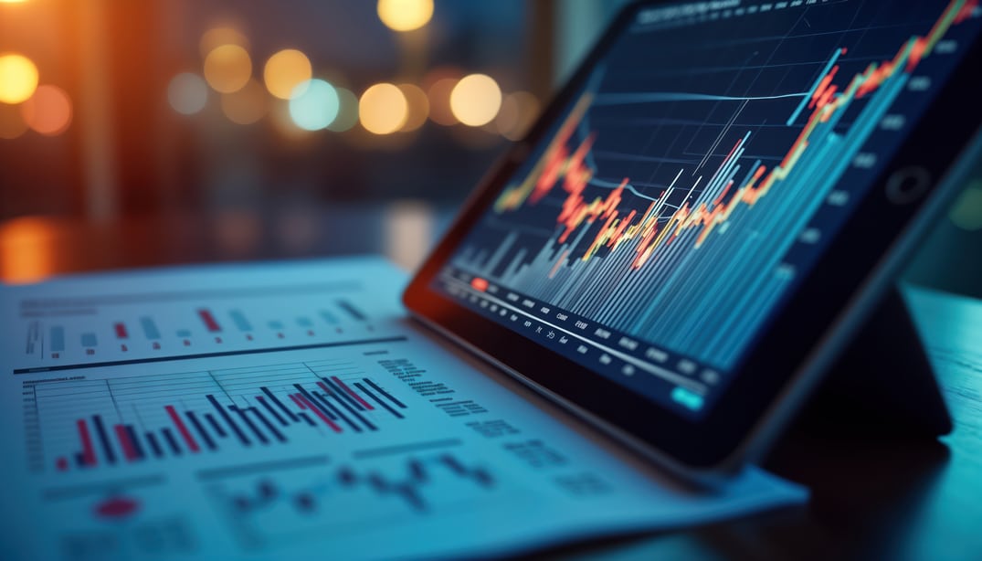 Graphiques financiers sur tablette et papier, illustrant l’impact de la loi de finances 2025 sur les entreprises.